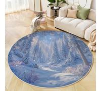 Alfombra Redonda De 80 Cm, Bosque Invierno, Lavable, Antideslizante, Decoración del Hogar,Mullida para Sala De Estar Bosque Pinos, Alfombra Suelo para Dormitorio Azul Claro
