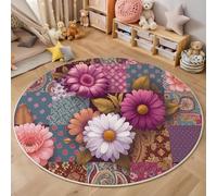 Alfombra Redonda de 80cm, Lavable, Circular, Antideslizante, de Pelo bajo, Estilo Patchwork Floral Patrón De Cachemira De Margaritas, Alfombra pequeña Circular para Dormitorio, baño, Entrada