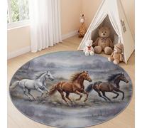 Alfombra redonda de animales de fantasía rústica de caballo galopante de 100 cm, grande, lavable, antideslizante, alfombra marrón para dormitorio, decoración del hogar, almohadillas protectoras de