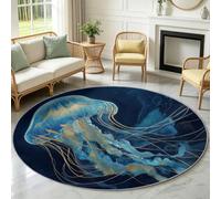 Alfombra redonda de animales marinos 200 cm, medusa luminosa antideslizante y lavable a máquina. Cerdas cortas impresas alfombras para salón, dormitorio, oficina o comedor, grosor 0,6 cm, color azul