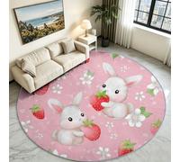 Alfombra redonda de conejo y fresas para niña, pelo bajo esponjoso | Conejo de fresas y flores, color rosa suave, tacto suave, sin pérdida de pelo, lavable a máquina, habitación pequeña
