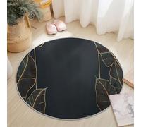 Alfombra Redonda de Franela Diámetro 120 cm, Moderno Lujo Hojas Textura Diseño, Oro Negro Suave Antideslizante y Lavable Alfombra Redonda para Dormitorio Sala de Estar Cocina Decoración