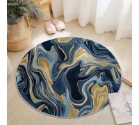 Alfombra redonda de franela Diámetro 80 cm, Abstracto Elegante Mármol Líquido Diseño, Azul Oscuro Dorado Suave Antideslizante y Lavable Alfombra Redonda para Dormitorio Sala de Estar Cocina Decoración