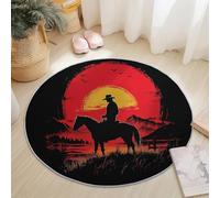 Alfombra Redonda de Franela Negro Rojo, Lavable Antideslizante Alfombra diámetro de 140 cm, Vaqueros del Oeste Atardecer diseño para Sala de Estar Dormitorio Pasillo Estudio Mesa