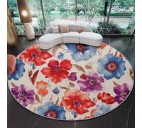 Alfombra Redonda de Franela Suave 100 cm, impresión Acuarela Flores Hojas Texturas, Antideslizante y Lavable, Ideal para Salón Dormitorio Sala de Juegos y Decoración de Hogar, Rojo