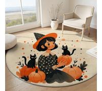 Alfombra Redonda de Franela Suave 100 cm, Tapete Crema de Pelo Corto Antideslizante - Alfombra Redonda Estampada Dibujos Animados Halloween Animales Gato Bruja para Comedor Cocina y Oficina