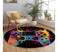 Alfombra Redonda de Franela Suave 100 cm, Tapete Negro de Pelo Corto Antideslizante - Alfombra Redonda Estampada Vibrante Moderno Mando De Videojuegos Grafiti para Comedor Cocina y Oficina