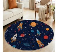 Alfombra Redonda de Franela Suave 120 cm, Tapete Azul Marino de Pelo Corto Antideslizante - Alfombra Redonda Estampada Dibujos Espacio Cohete Planeta para Comedor Cocina y Oficina