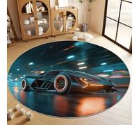 Alfombra Redonda de Franela Suave 180 cm, Tapete Azul Oscuro de Pelo Corto Antideslizante - Alfombra Redonda Estampada Futurista Moderno Neón Coches para Comedor Cocina y Oficina