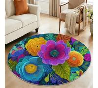 Alfombra Redonda de Franela Suave 80 cm, Tapete Multicolor de Pelo Corto Antideslizante - Alfombra Redonda Estampada Artístico Pintado a Mano Vibrante Floral para Comedor Cocina y Oficina