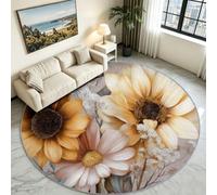 Alfombra redonda de girasol beige, 100 cm, alfombra minimalista lavable | Sunny Floral Bloom - Tapete circular con parte trasera de goma antideslizante, alfombra decorativa suave de pelo bajo para