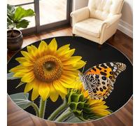 Alfombra Redonda de Girasol de 60 cm, Alfombra Redonda Floral de Mariposa, Alfombra pequeña Lavable para habitación de niños, Sala de Juegos, Mesa de café, decoración del hogar