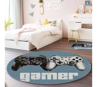 Alfombra Redonda de Patrón De Controlador De Juego, 180 cm, Estilo Retro Lavable Grande Redonda, Antideslizante Suave Ultrafina para Dormitorio, Habitación Infantil o Bebé, Oficina, Cocina, Azul