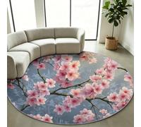Alfombra redonda de pelo corto de 100 cm china moderna floral flor ciruelo, alfombra lavable suave azul antideslizante y resistente a los rayos UV para descenso de cama, dormitorio, adulto, niña, niño