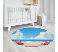 Alfombra redonda de playa costera Alfombras circulares lavables en azul y blanco Tapete antideslizante impresa Ocean Sky Scene para sala estar Dormitorio Comedor Cocina Entrada y guardería 240cm