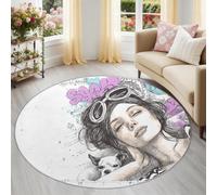 Alfombra Redonda de salón 100 cm, Dibujadas A Mano Garabatos Niña Perro Alfombra Estampada Lavable Antideslizante, Blanco Gris Alfombras Redonda Suaves para Sala de Estar Dormitorio
