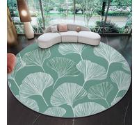 Alfombra Redonda de salón 100 cm, Geométrico Hojas de Ginkgo líneas Alfombra Estampada Lavable Antideslizante, Verde Blanco Alfombras Redonda de área Suaves para Sala de Estar o Dormitorio