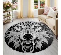 Alfombra Redonda de salón 100 cm, Lobo Animal Negro Tótem Grafiti Alfombra Estampada Lavable Antideslizante, Negro Alfombras Redonda Suaves para Sala de Estar Dormitorio