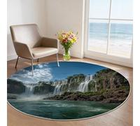 Alfombra Redonda de salón 100 cm, Naturaleza Paisaje Alfombra Estampada Lavable Antideslizante, Blanco Cascada Rocas Alfombras Redonda Suaves para Sala de Estar Dormitorio