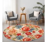 Alfombra Redonda de salón 100 cm, Planta Alfombra Estampada Lavable Antideslizante, Hojas Rojas De Peonía Alfombras Redonda Suaves para Sala de Estar Dormitorio