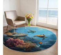 Alfombra Redonda de salón 100 cm, Trópicos Naturaleza Alfombra Estampada Lavable Antideslizante, Azul Tortuga Marina Coral Alfombras Redonda Suaves para Sala de Estar Dormitorio