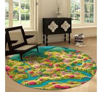 Alfombra Redonda de Salón 120 cm Dibujos Animados, Alfombra Antideslizante Lavable Campo Mapa Montañas Árboles Verdes - Moqueta Estampada Suave de Pelo Corto para Comedor Habitación Infantil Nursery