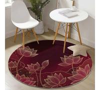 Alfombra Redonda de salón 140 cm, Simple Elegante Loto Líneas Estampada Tema, Lavable Antideslizante, Rojo Dorado Alfombras Redonda de área Suaves para Sala de Estar o Dormitorio