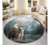 Alfombra Redonda de salón 160 cm, Águila Naturaleza Lobo Selva Montaña Alfombra Estampada Lavable Antideslizante, Blanco Alfombras Redonda Suaves para Sala de Estar Dormitorio