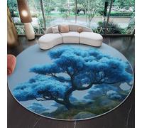 Alfombra Redonda de salón 160 cm, Naturaleza Árbol Flores Rocas Alfombra Estampada Lavable Antideslizante, Azul Alfombras Redonda Suaves para Sala de Estar Dormitorio