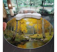 Alfombra Redonda de salón 160 cm, Naturaleza Selva Arroyo Alfombra Estampada Lavable Antideslizante, Amarillo Alfombras Redonda Suaves para Sala de Estar Dormitorio