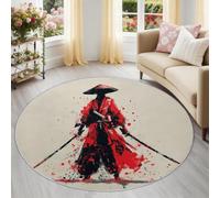 Alfombra Redonda de salón 160 cm, Samurái Anime Rojo Espada Alfombra Estampada Lavable Antideslizante, Rojo Alfombras Redonda Suaves para Sala de Estar Dormitorio