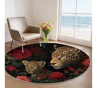 Alfombra Redonda de salón 200 cm, Realismo Naturaleza Leopardo Rosa Animales Alfombra Estampada Lavable Antideslizante, Rojo Marrón Alfombras Redonda Suaves para Sala de Estar Dormitorio