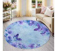 Alfombra Redonda de salón 60 cm, Mariposas Acuarelas Plantas Flores Alfombra Estampada Lavable Antideslizante, Púrpura Alfombras Redonda Suaves para Sala de Estar Dormitorio