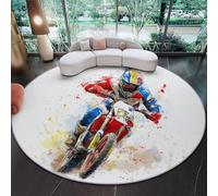 Alfombra Redonda de salón 80 cm, Acuarela Jinete Motocicleta Alfombra Estampada Lavable Antideslizante, Blanco Azul Alfombras Redonda Suaves para Sala de Estar Dormitorio
