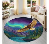 Alfombra Redonda de salón 80 cm, Águila Naturaleza Azul Aurora Boreal Montañas Alfombra Estampada Lavable Antideslizante, Púrpura Alfombras Redonda Suaves para Sala de Estar Dormitorio