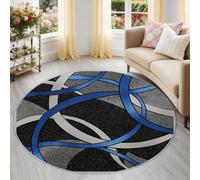 Alfombra Redonda de salón 90 cm, Abstracto Geometría Curvas Alfombra Estampada Lavable Antideslizante, Azul Gris Alfombras Redonda Suaves para Sala de Estar Dormitorio