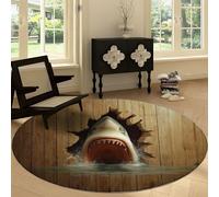 Alfombra Redonda de Salón Antideslizante 100 cm, Alfombra Redonda Lavable Animales Tiburón Pared de Madera - Moqueta Suave de Pelo Corto Abstracto 3D para Cocina Lavandería Comedor Dormitorio