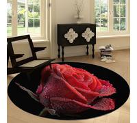 Alfombra Redonda de Salón Antideslizante 100 cm Estilo Fotográfico, Alfombra Redonda Plantas Flores Rosas Rojas Gotas de Rocío - Moqueta Suave de Pelo Corto para Cocina Lavandería Comedor Dormitorio