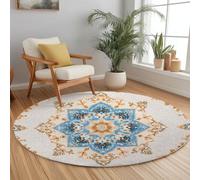 Alfombra Redonda de Salón Antideslizante 150 cm, Alfombra Lavable Mandala Flores Geométrico Rombo - Moqueta Estampada Tribu Tradicional Suave de Pelo Corto para Comedor Habitación Infantil Nursery