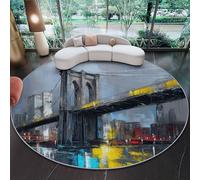 Alfombra Redonda de Salon Ciudad Puente Arquitectura Pintura Al Óleo Estampada Alfombra Lavable de Habitacion, Gris Amarillo Alfombras Pelo Corto para Comedor Salón Dormitorio, 90 cm