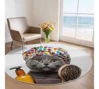 Alfombra Redonda de Salon Dibujos Animados Polka Estampado Alfombra Lavable de Habitacion, Cepillo De Baño Colorido con Forma De Gato Pelo Corto Alfombras para Sala de Estar y Dormitorio, 120 cm