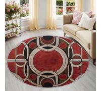 Alfombra Redonda de Salon Estilo Artístico Moderno Estampada Alfombra Lavable de Habitacion, Líneas Geométricas Rojas Alfombras Pelo Corto para Comedor Salón Dormitorio, 120 cm