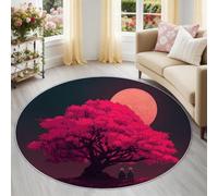Alfombra Redonda de Salon Fantasía Árbol En Flor Luna Llena Estampado Alfombra Lavable de Habitacion, Rojo Pelo Corto Alfombras para Cocina Comedor Sala de Estar y Dormitorio, 200 cm