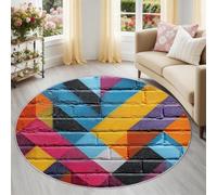 Alfombra Redonda de Salon Grafitis Callejeros Estampado Alfombra Lavable de Habitacion, Pared De Ladrillo Colorida Y Geométrica Pelo Corto Alfombras para Comedor Sala de Estar y Dormitorio, 160 cm