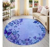 Alfombra Redonda de Salon Mariposas Acuarelas Plantas Flores Hojas Estampado Alfombra Lavable de Habitacion, Púrpura Pelo Corto Alfombras para Cocina Comedor Sala de Estar y Dormitorio, 60 cm
