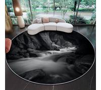 Alfombra Redonda de Salon Naturaleza Arroyos Rocas Estampada Alfombra Lavable de Habitacion, Negro Alfombras Pelo Corto para Comedor Salón Dormitorio, 100 cm