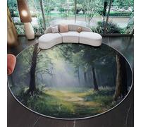 Alfombra Redonda de Salon Naturaleza Bosque Árbol Luz Solar Estampado Alfombra Lavable de Habitacion, Verde Pelo Corto Alfombras para Cocina Comedor Sala de Estar y Dormitorio, 90 cm