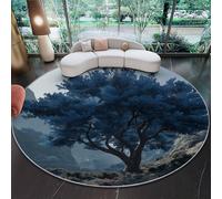 Alfombra Redonda de Salon Naturaleza Fantasía Árbol Montañas Estampado Alfombra Lavable de Habitacion, Azul Pelo Corto Alfombras para Cocina Comedor Sala de Estar y Dormitorio, 60 cm