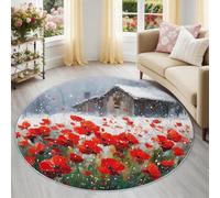 Alfombra Redonda de Salon Paisaje Natural Estampada Alfombra Lavable de Habitacion, Rojo Campos De Flores Cabañas Campos Nevados Alfombras Pelo Corto para Comedor Salón Dormitorio, 100 cm