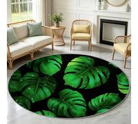 Alfombra redonda de salón, planta tropical Monstera gotas de rocío para comedor, oficina, dormitorio, lavable a máquina y pelo corto, alfombra antideslizante, fácil de limpiar, negro, tamaño: 160 cm